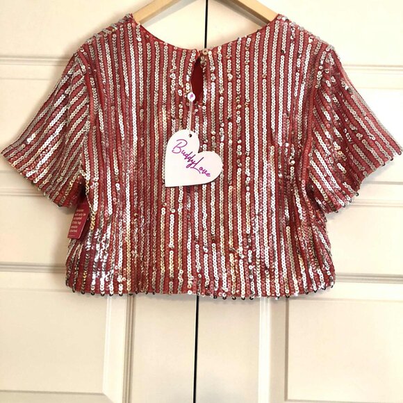 NWT BUDDY LOVE Laura Set Sequined Crop Top & Shorts Silver\Watermelon Pink S - Picture 8 of 9
